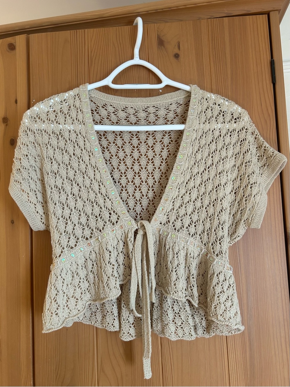 Crochet Tie-Front Short Sleeve Sweater